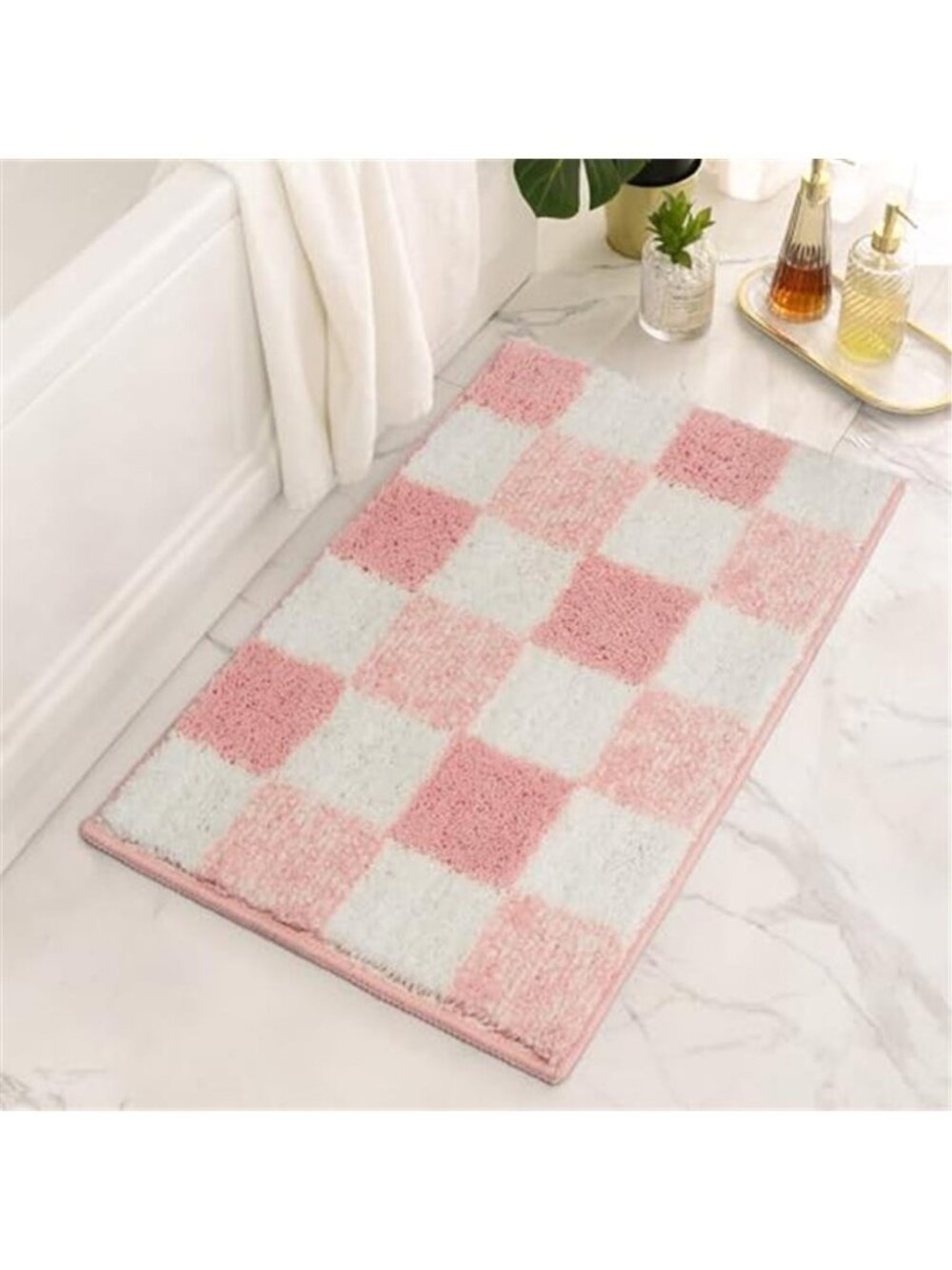 Pink Checkered Bath Mat Non Slip Rug Soft Absorbent Microfiber Bathroom 24x16